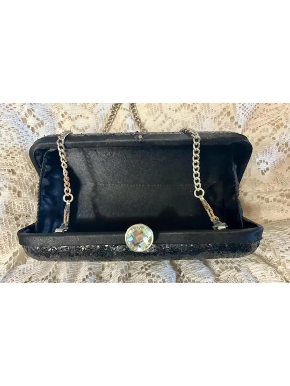 Vtg Black Glitter Evening Clutch Silver Chain Gemstone Clasp